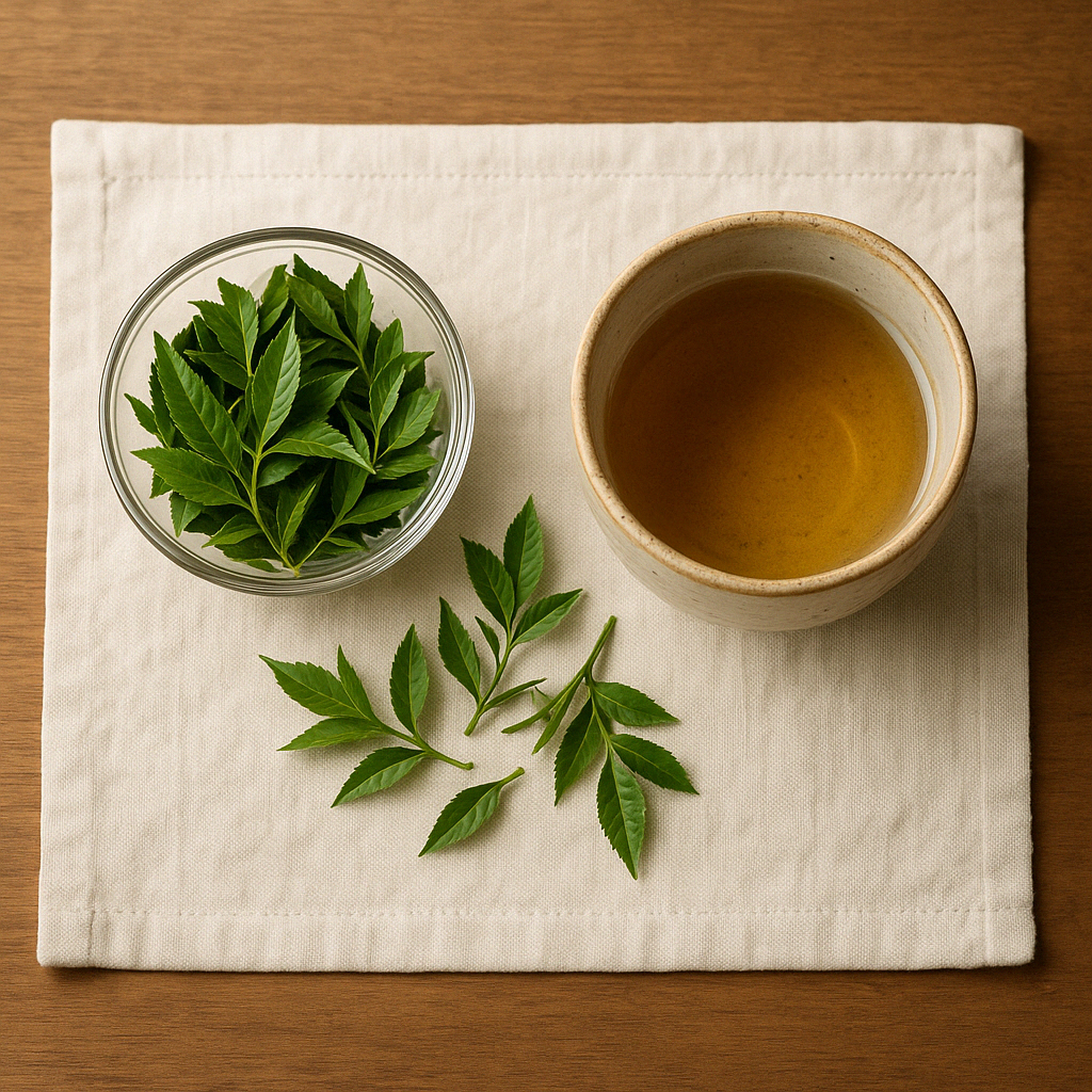 Fresh tea leaves and a ceramic cup